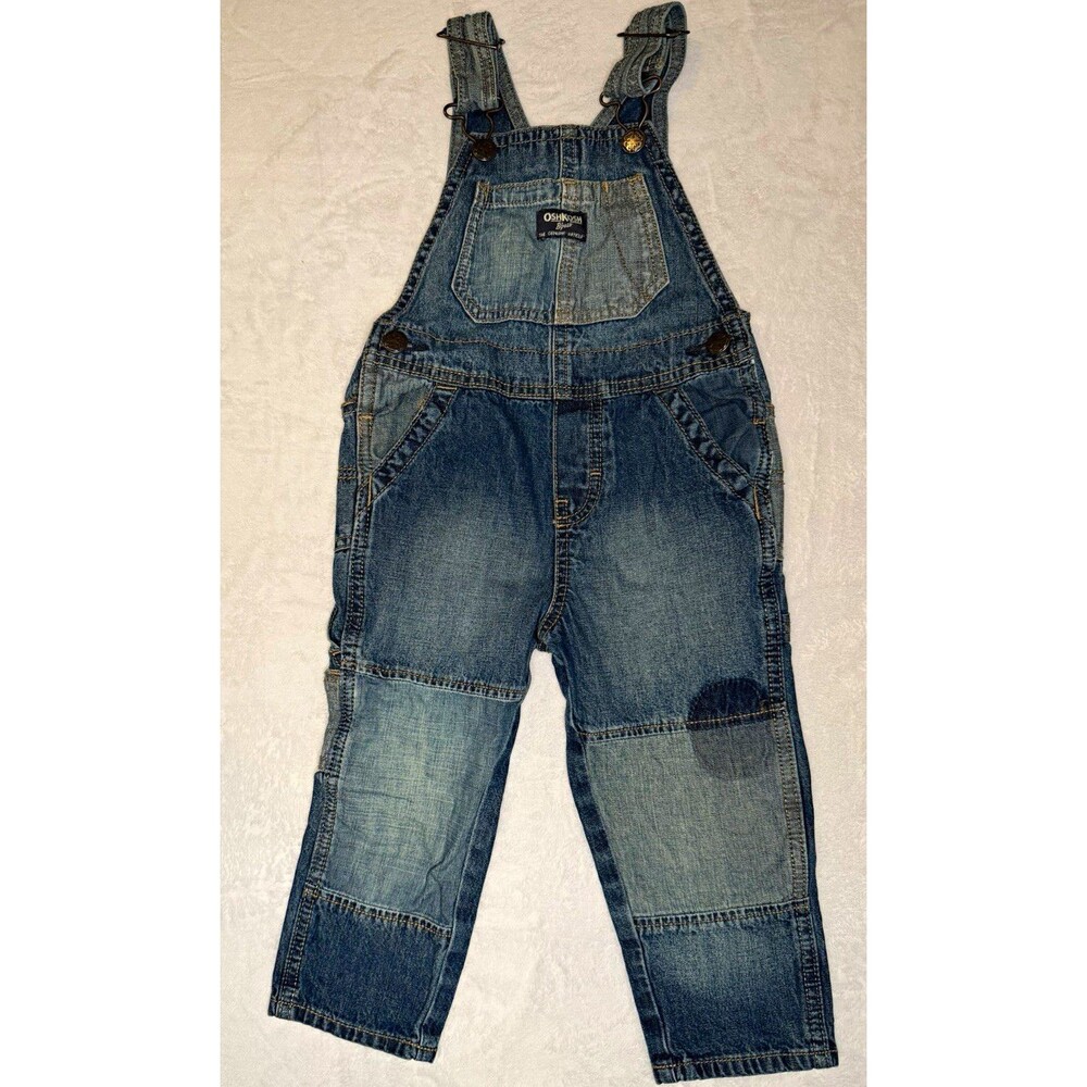 OshKosh B'gosh Blue Denim Bib Overalls 2T Unisex Pockets Button Logo